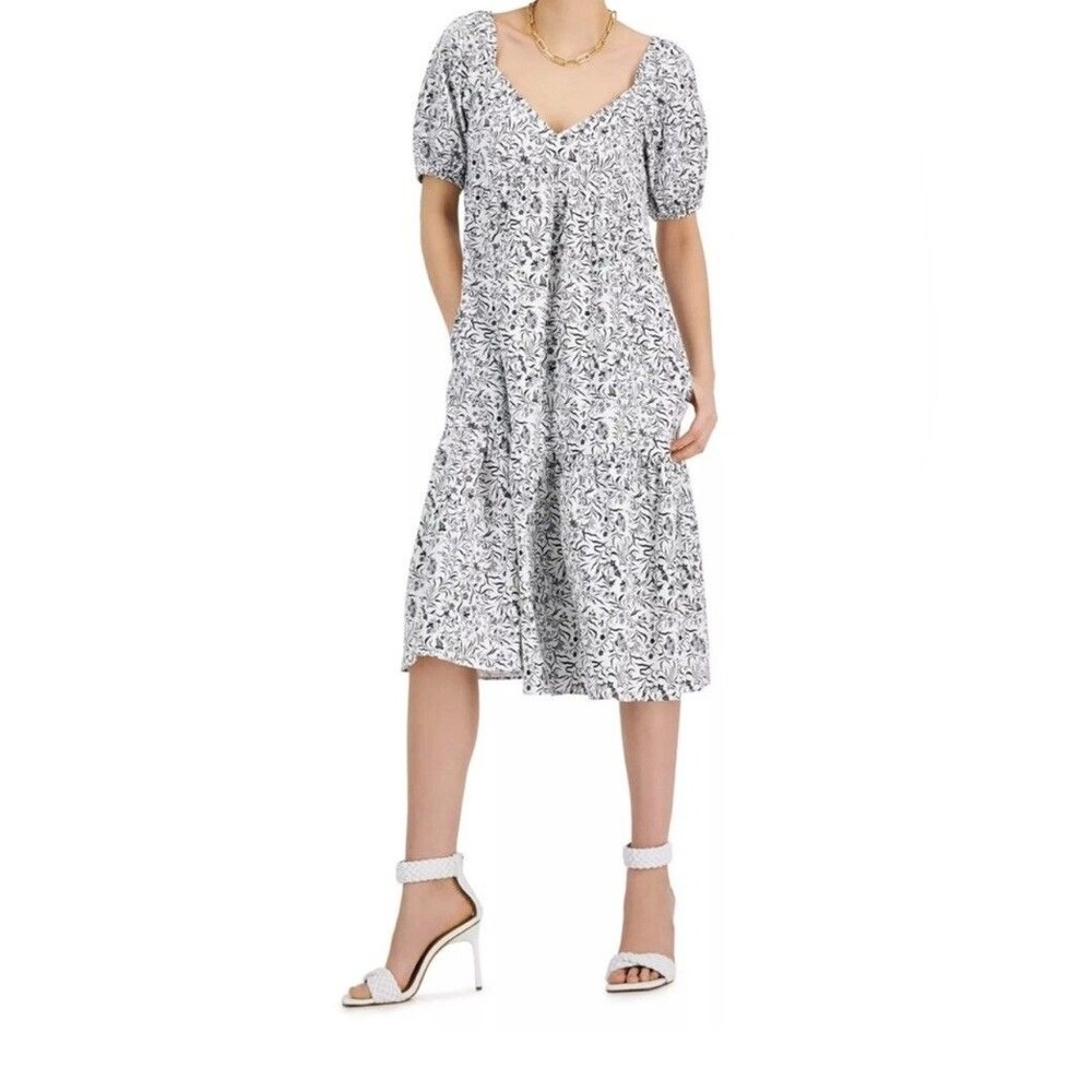 INC International Concepts Black & White Floral Prairie Cottagecore Dress Sz XS